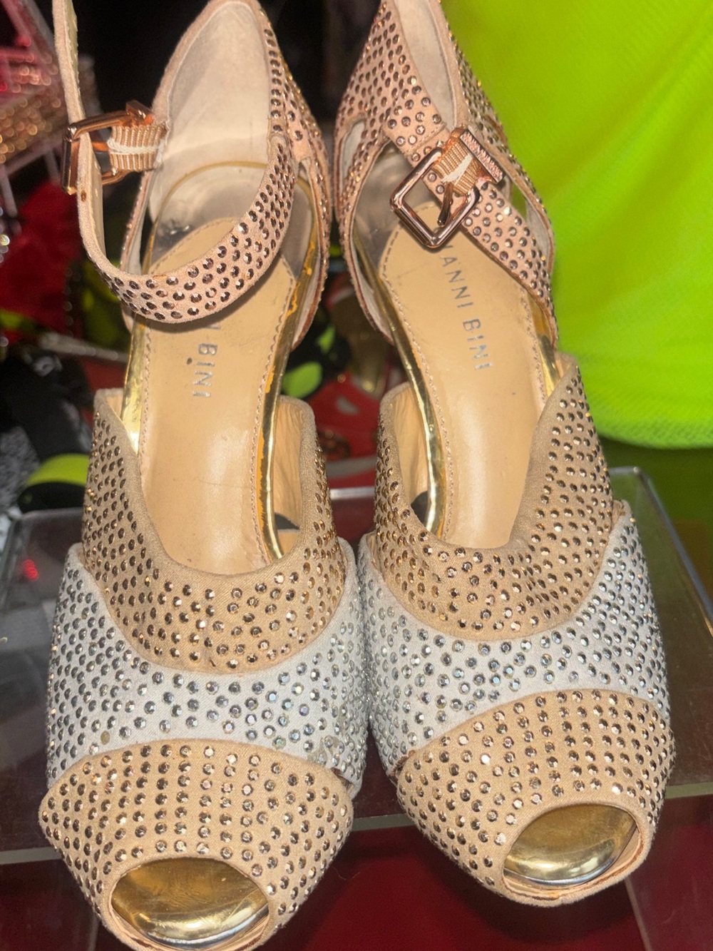 Giani Bernini Tan and Cream Crystal Peep-Toe Ankle Strap Heels